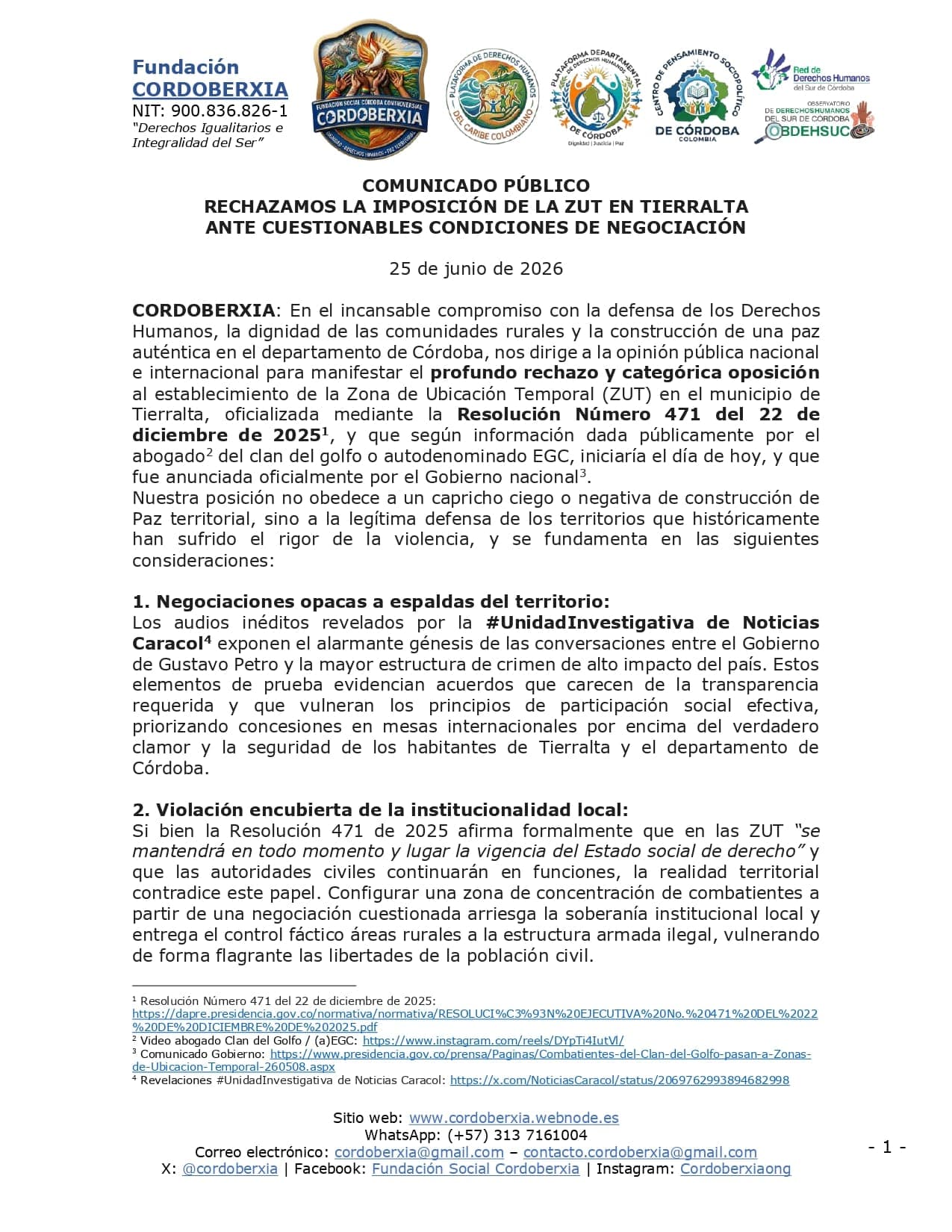 Organizaciones de DDHH en Córdoba frenan alarma por Zona Temporal en Tierralta