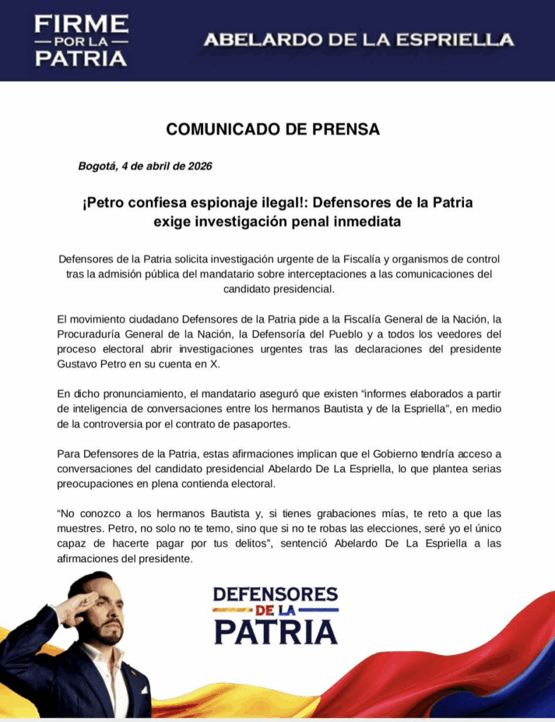 Petro admite interceptar comunicaciones: Defensores de la Patria pide investigación penal urgente