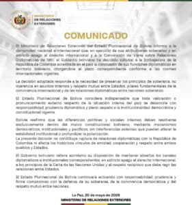 Bolivia expulsa a embajadora de Colombia por críticas a la crisis interna
