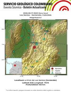 Temblor de magnitud 5.1 despierta a colombianos en la madrugada; epicentro en Santander