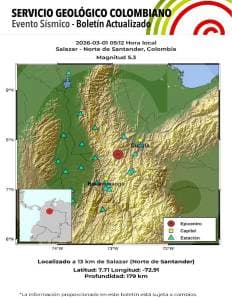 Temblor de magnitud 5,3 sacude a Norte de Santander en la madrugada