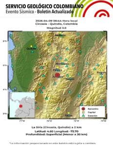 Temblor de magnitud 3.0 despierta al Eje Cafetero en la madrugada
