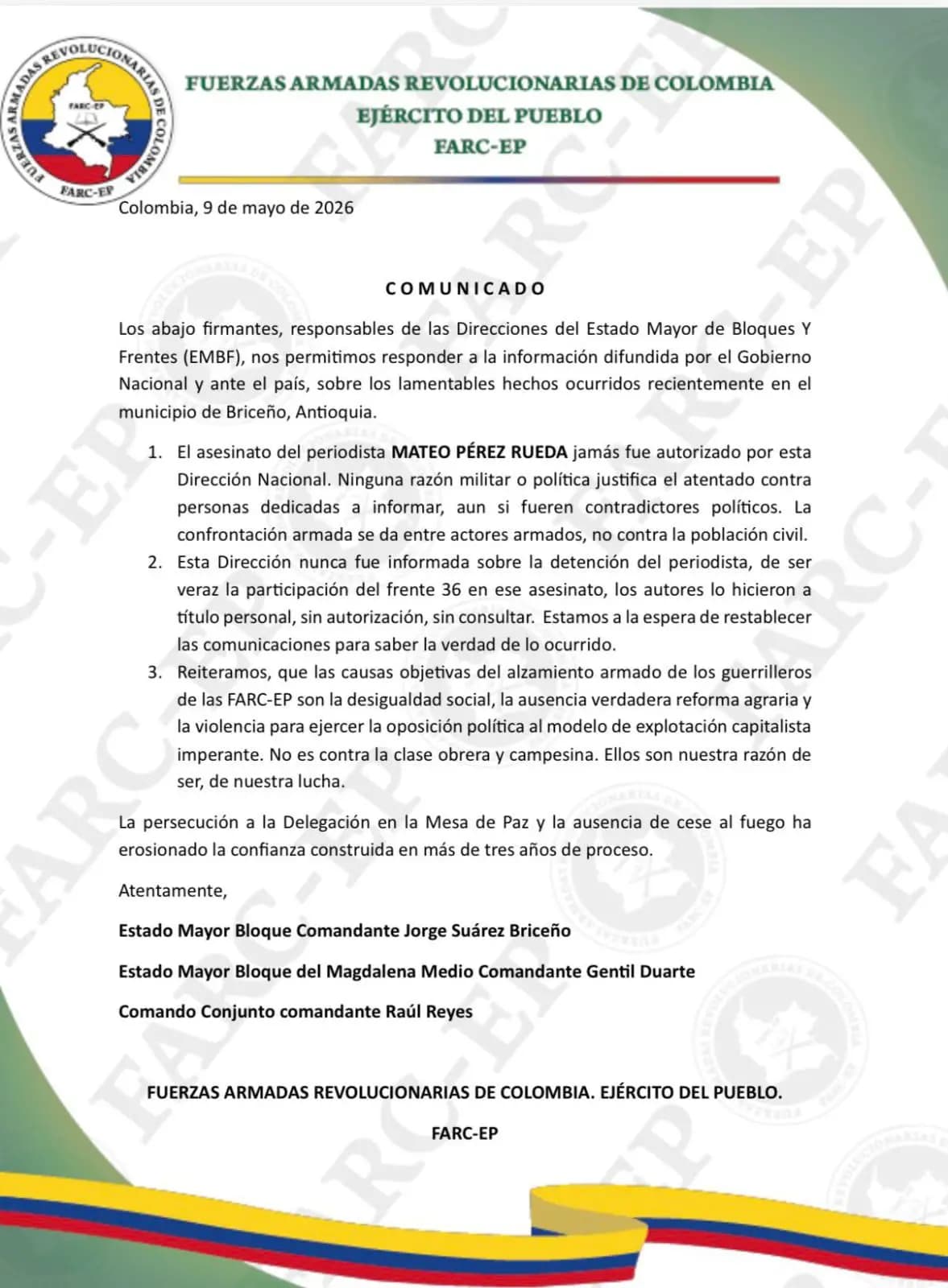 Disidencias de las Farc niegan autoría en muerte de periodista Mateo Pérez y cuestionan proceso de paz