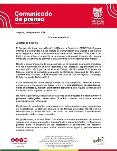 Emergencia en Segovia: lluvias afectan 18 sectores y dejan familias en albergues