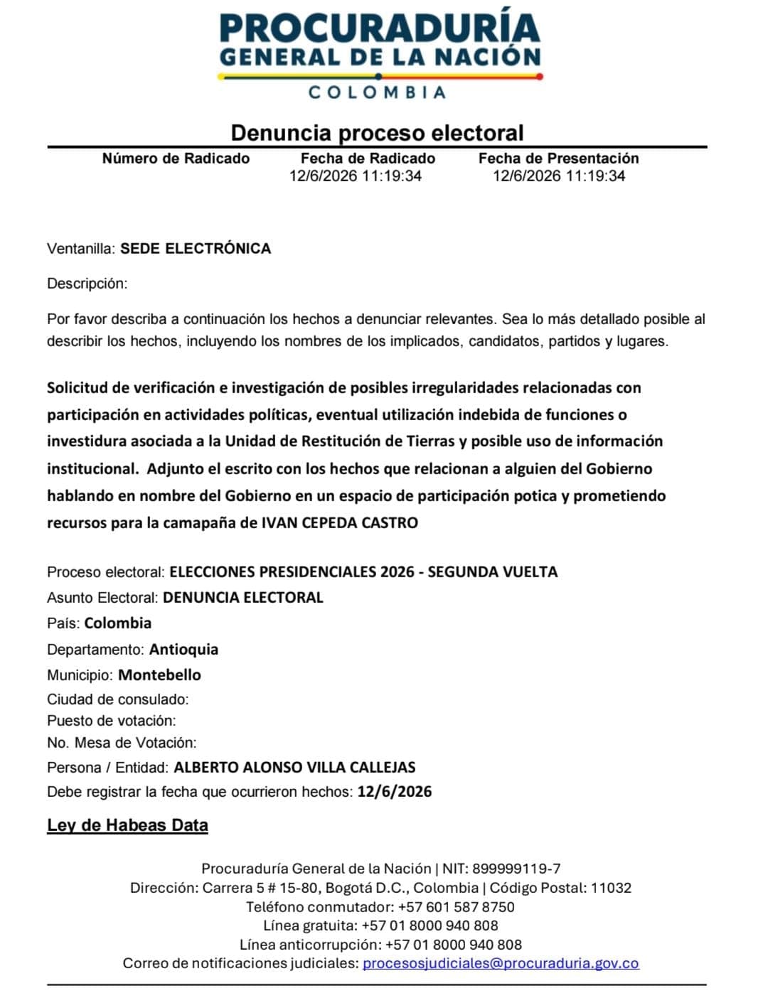 Denuncian a contratista por presunto uso de bases de datos estatales en campaña de Iván Cepeda