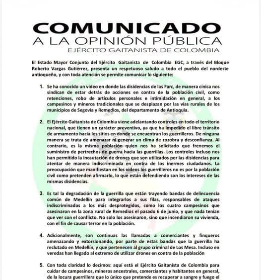 Masacre de campesinos en Antioquia: EGC acusa alianza entre disidencias de las Farc y bandas de Medellín