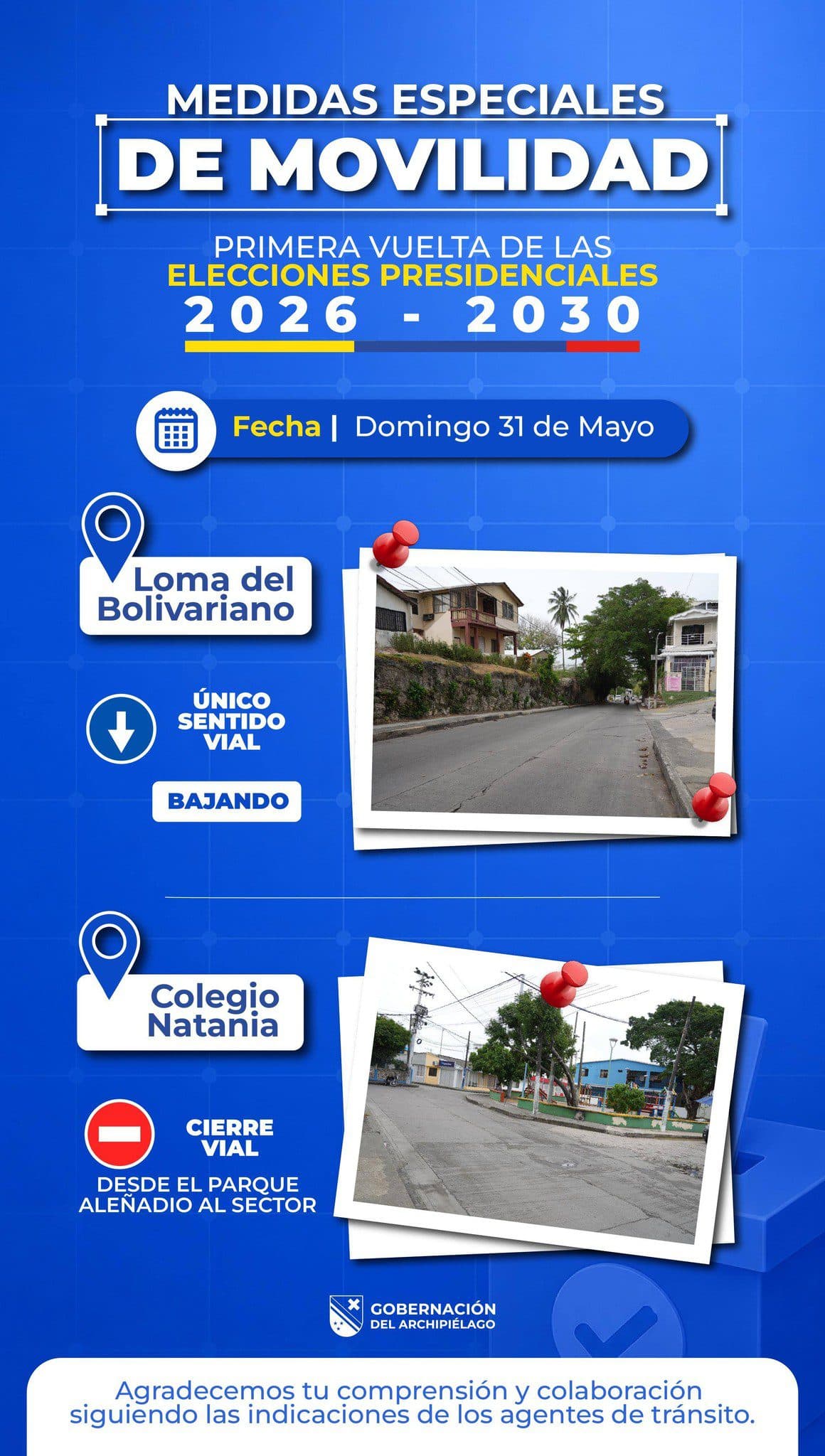 Tránsito especial en San Andrés el 31 de mayo: restricciones en zonas de votación