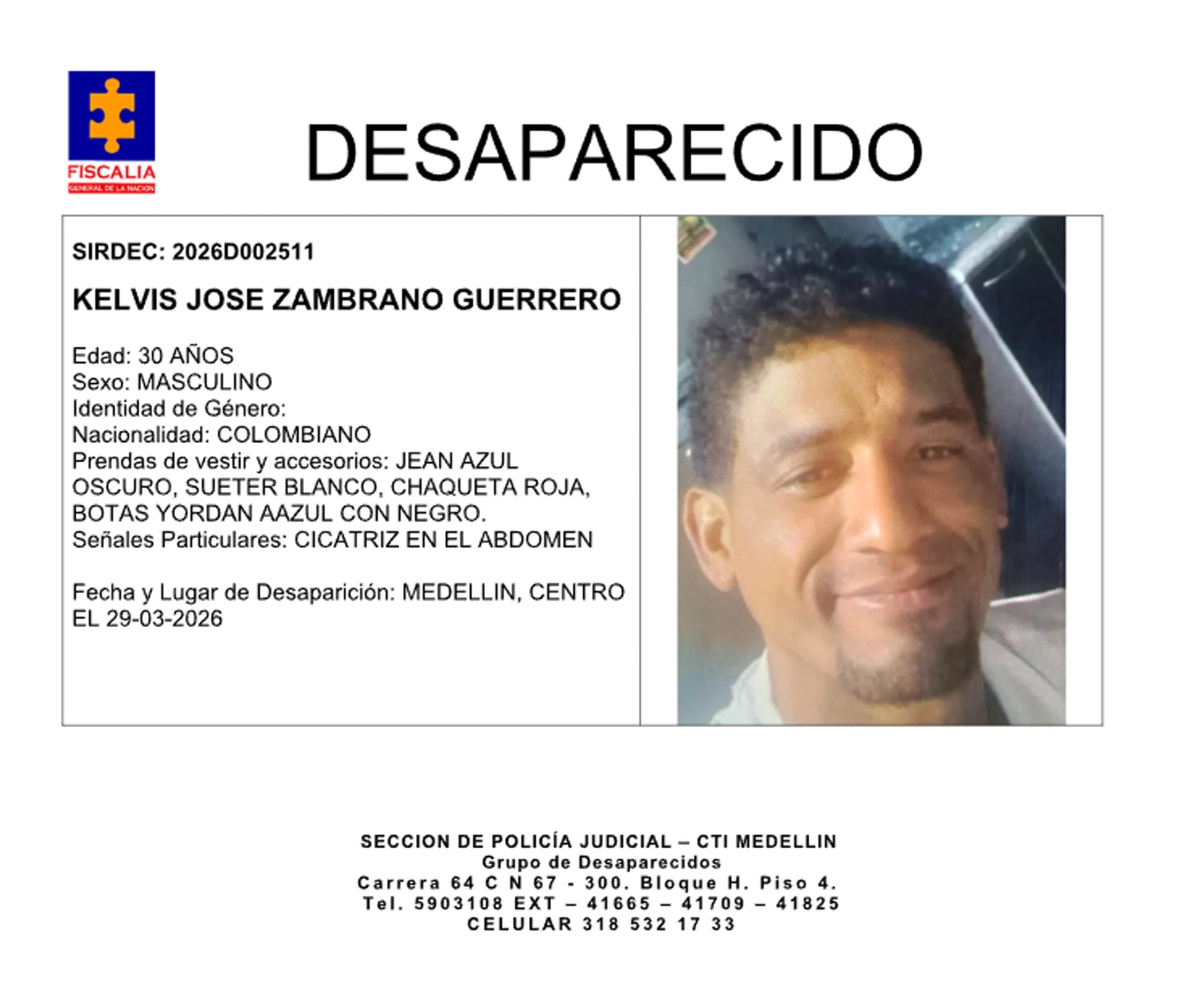 Buscan a Kelvis José Zambrano, desaparecido en el centro de Medellín desde marzo
