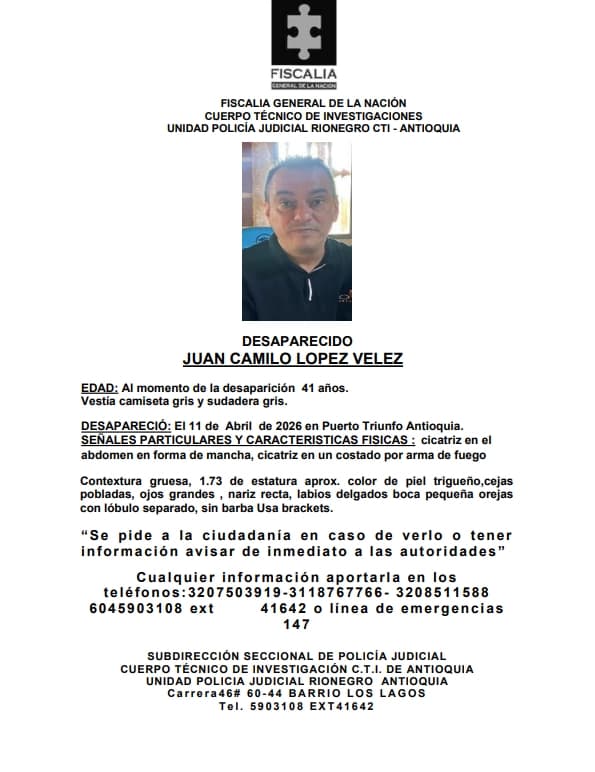 Buscan a Juan Camilo López, desaparecido hace meses en Puerto Triunfo