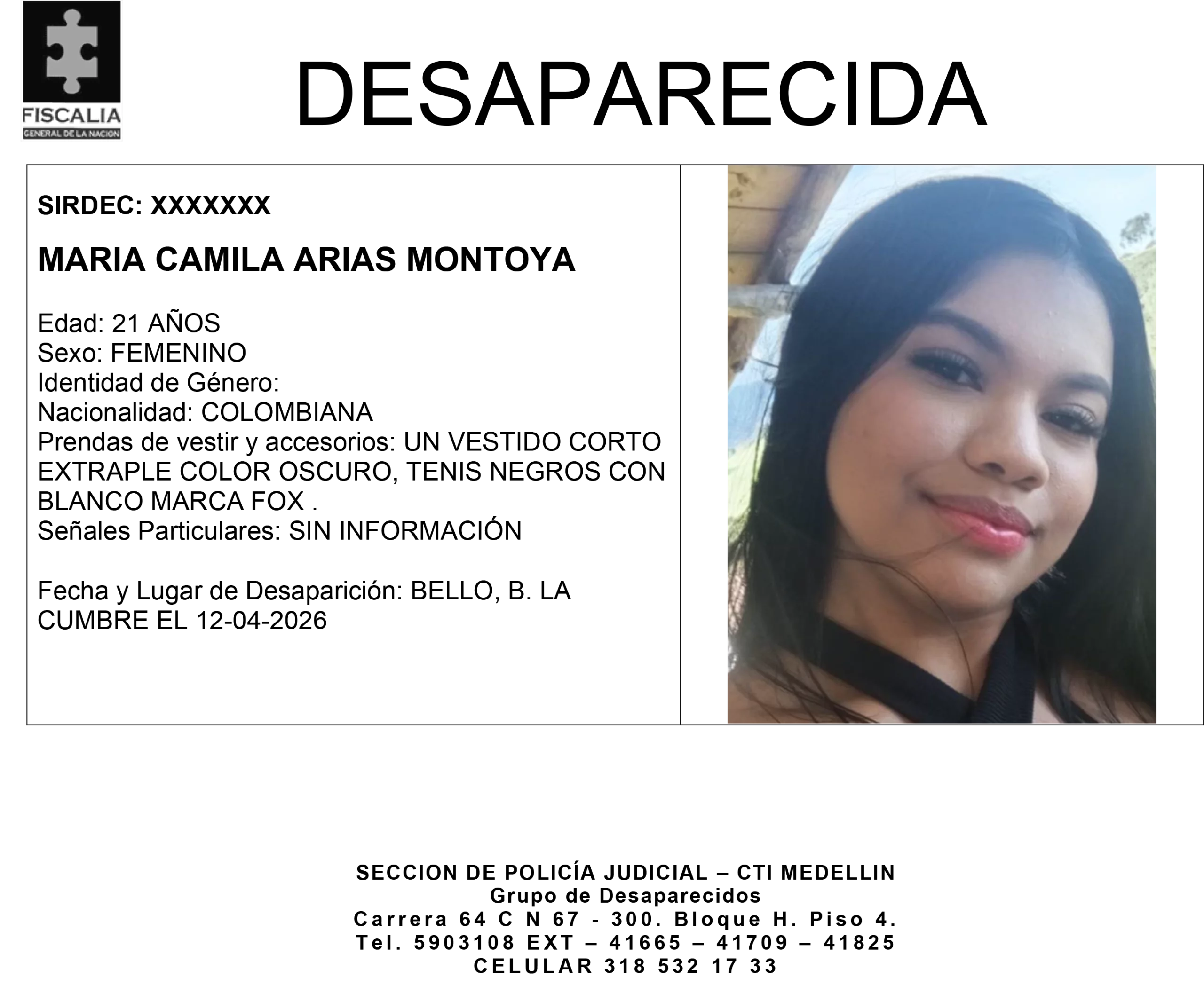 Buscan a María Camila Arias, desaparecida desde el 12 de abril en Bello