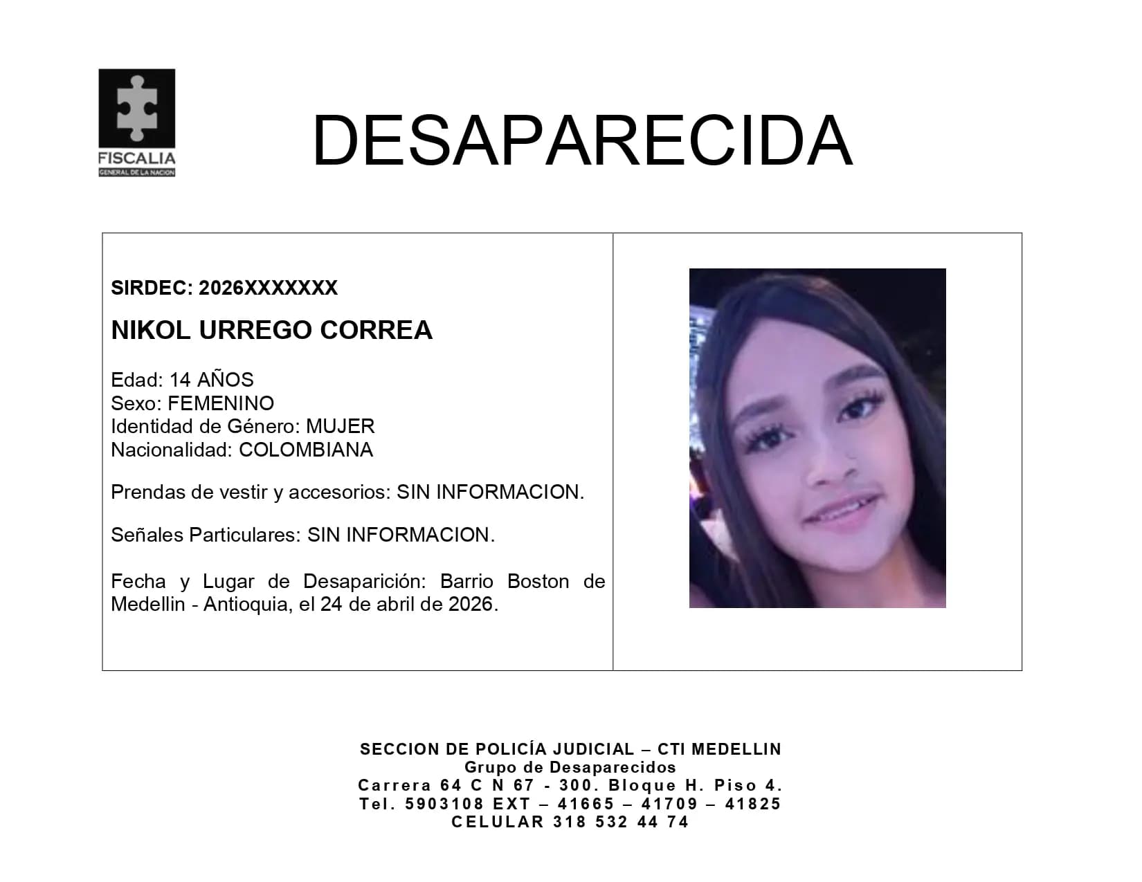 Desaparición de adolescente en Medellín: buscan a Nikol Urrego Correa de 14 años