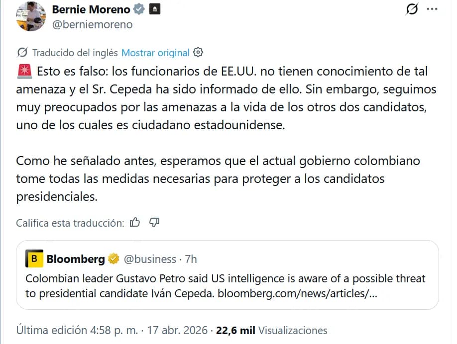 Senador republicano estadounidense desmiente amenaza contra Iván Cepeda pero alerta sobre otros candidatos