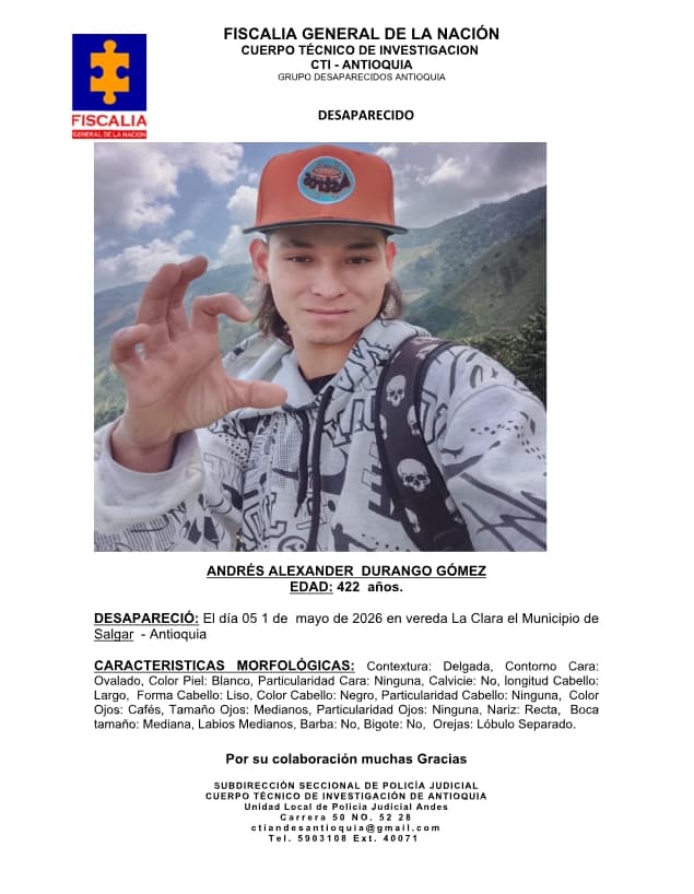 Desaparición en Salgar: buscan a Andrés Alexander Durango desde el 1 de mayo