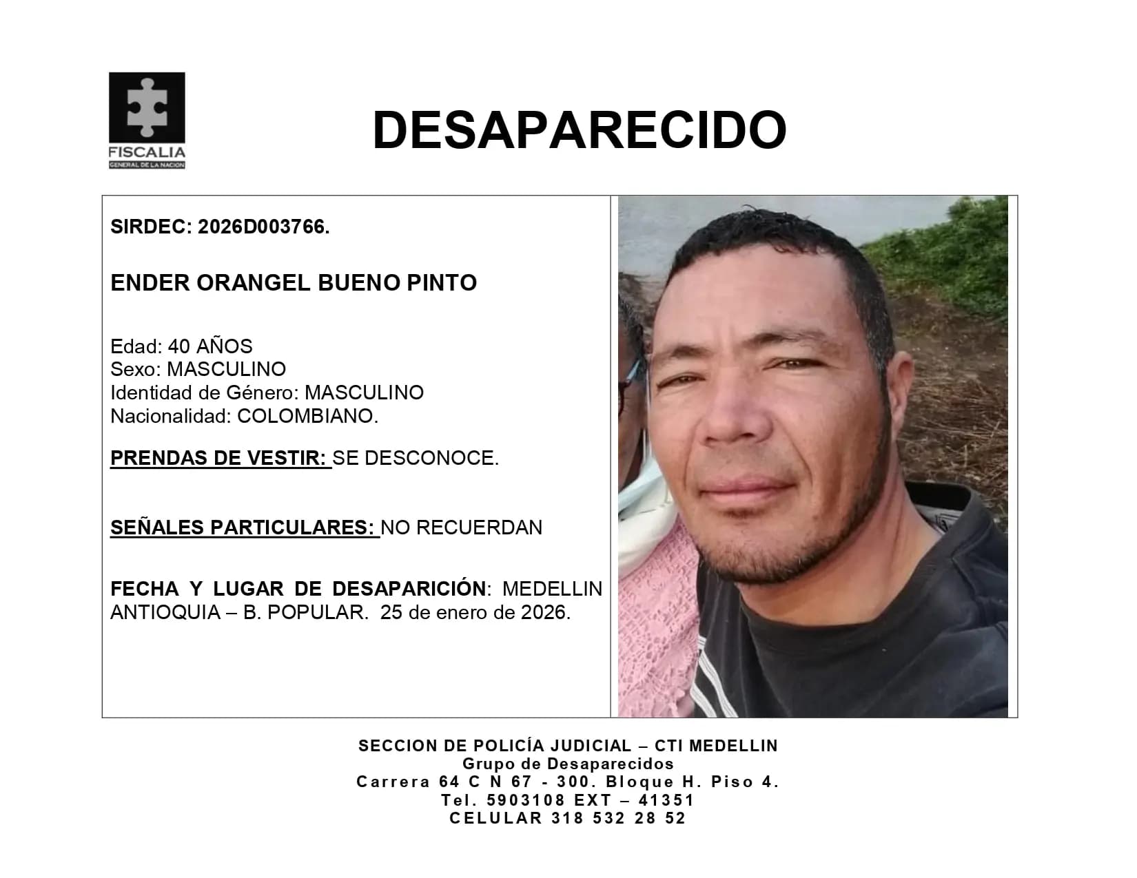 Llevan meses buscando a Ender Orangel desaparecido en el Popular: necesitan tu ayuda