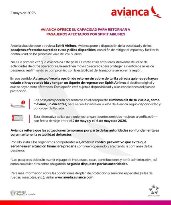 Avianca ofrece vuelos gratis para rescatar a varados de Spirit Airlines