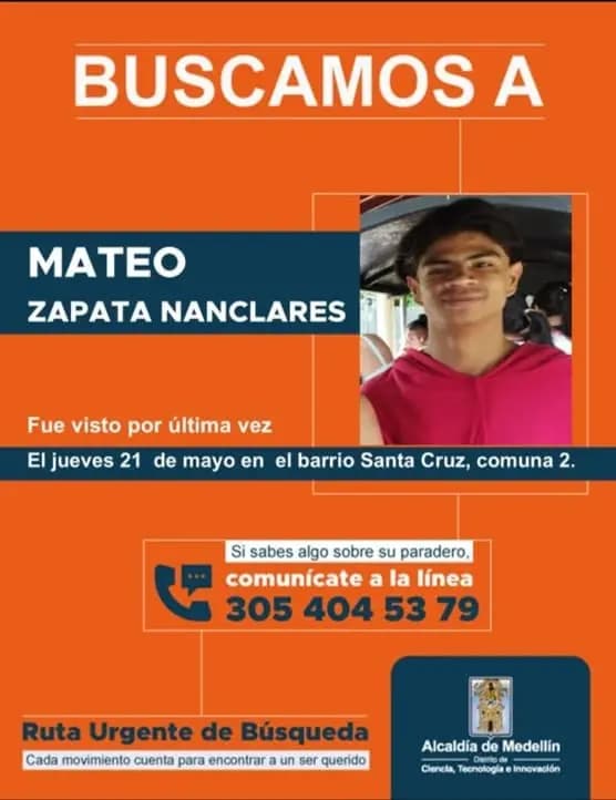Desapareció en Medellín: buscan con urgencia a Mateo Zapata Nanclares desde el 21 de mayo