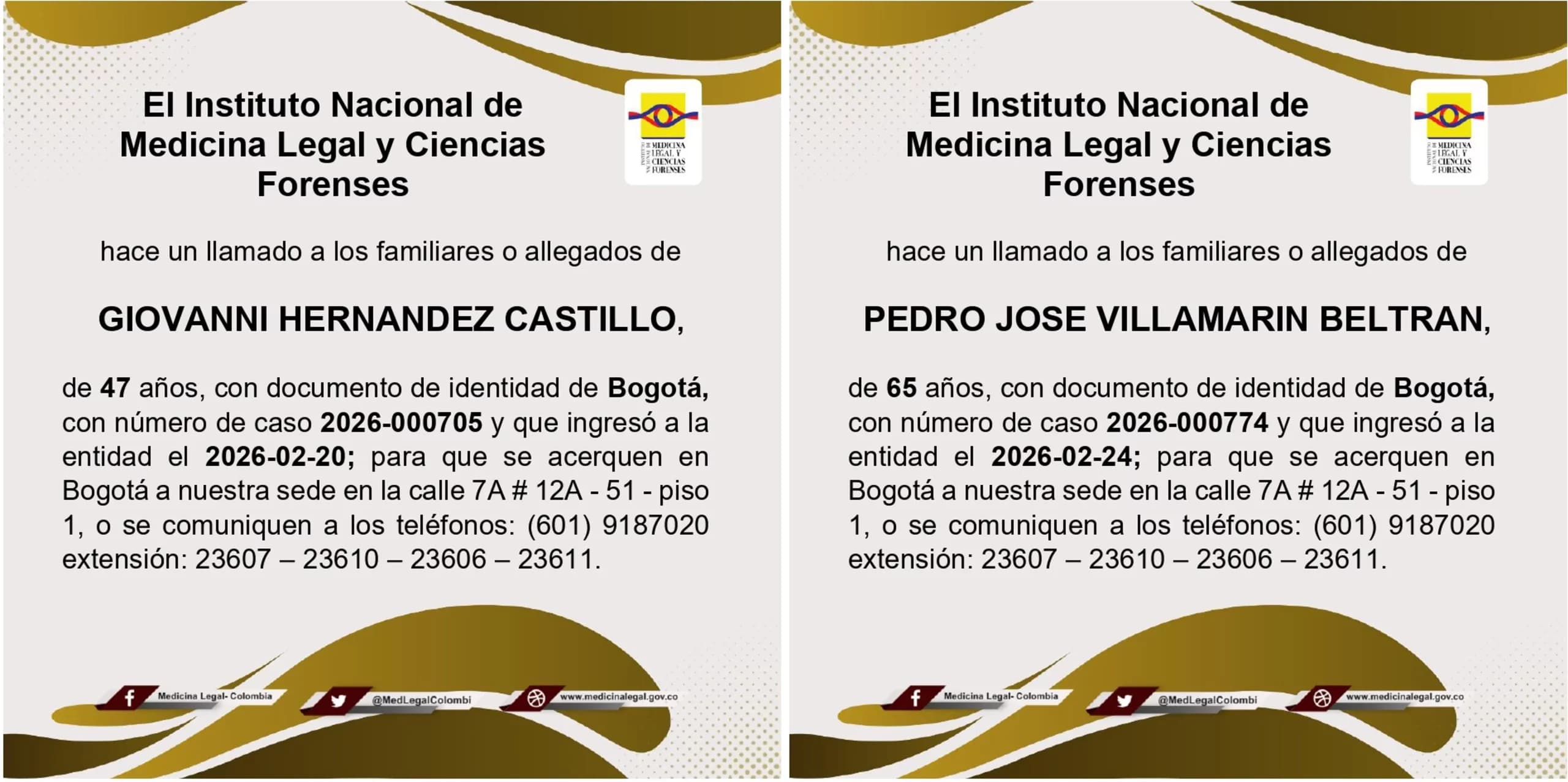 Medicina Legal busca con urgencia a familiares de 8 personas fallecidas en Bogotá