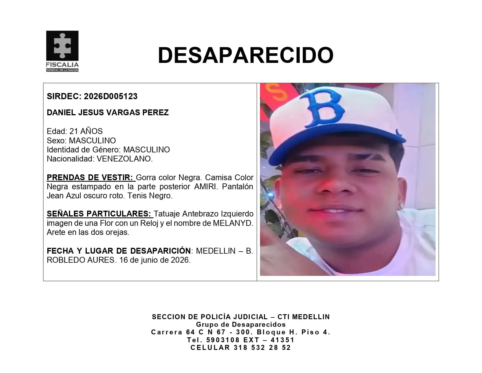 Buscan a joven venezolano desaparecido en Robledo Aures desde mediados de junio