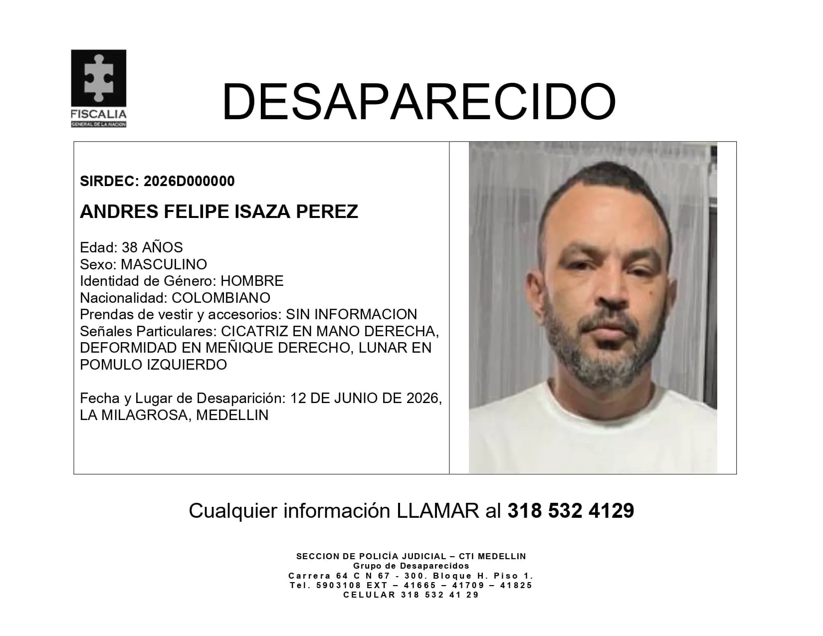 Desaparecido hace una semana en Medellín: buscan a Andrés Felipe Isaza Pérez
