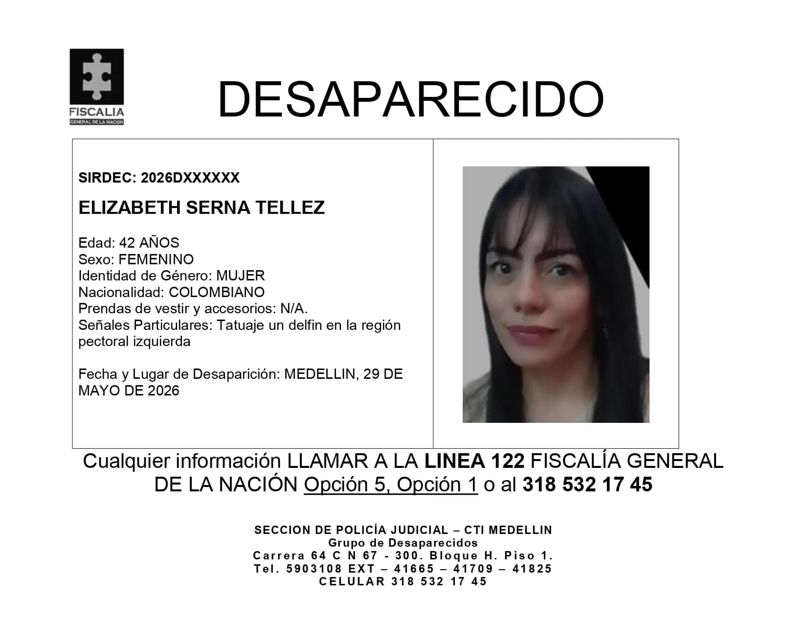 Buscan a Elizabeth Serna, desaparecida desde el 29 de mayo en Medellín