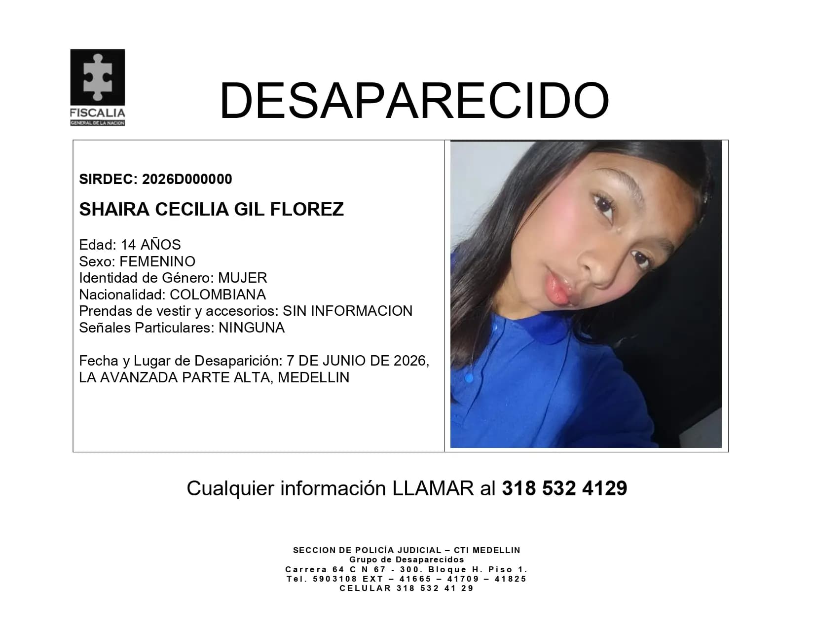 Buscan a Shaira Cecilia, adolescente desaparecida desde hace días en Medellín