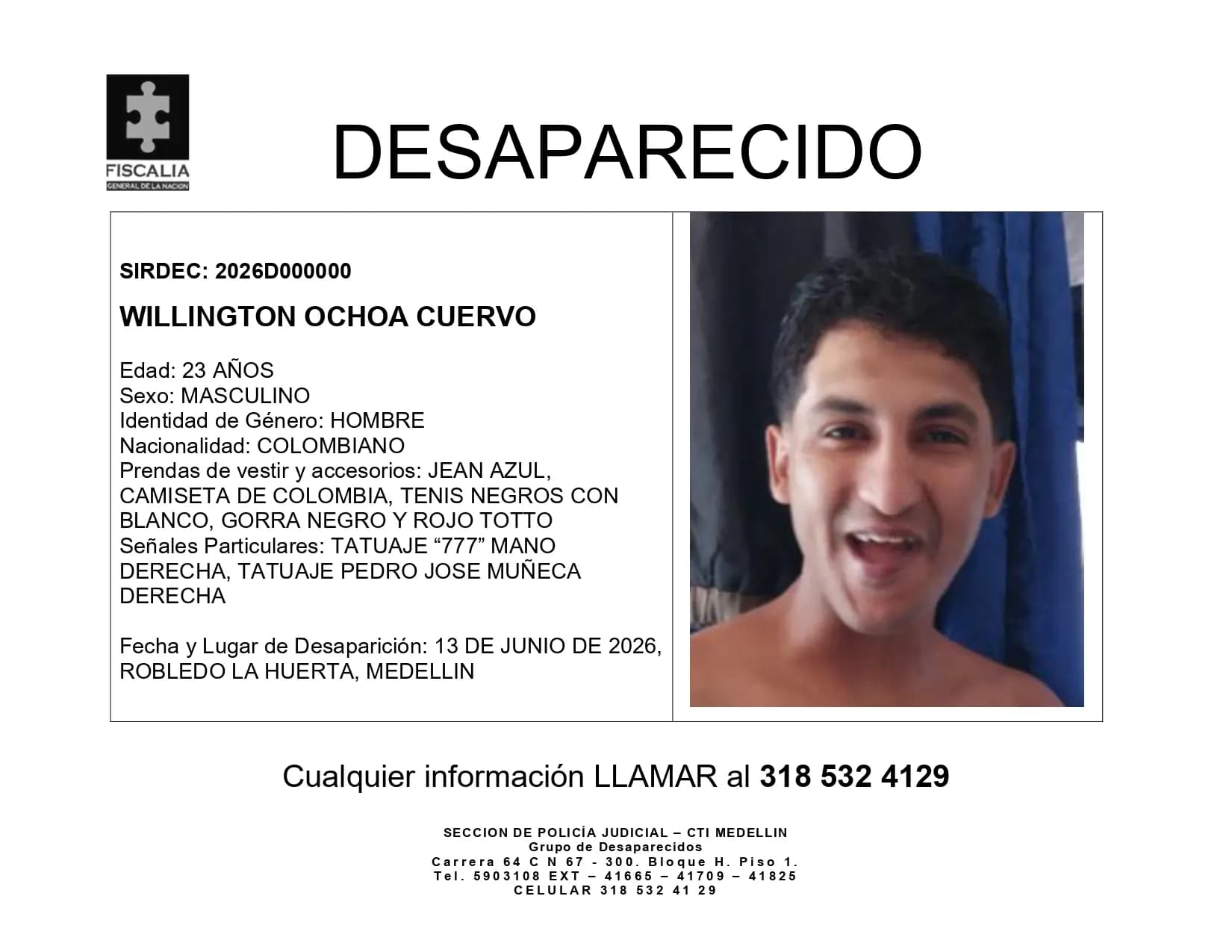 Se busca a Willington Ochoa Cuervo, desaparecido en Robledo La Huerta desde junio