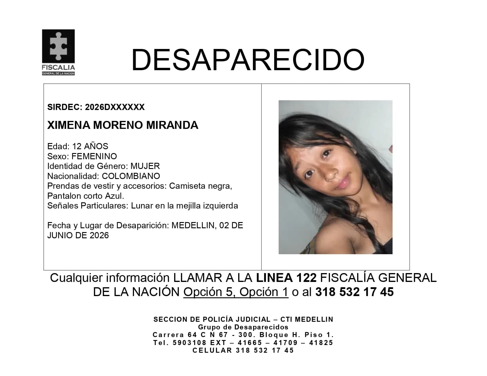 Desaparición urgente: buscan a Ximena Moreno Miranda, niña de 12 años en Medellín