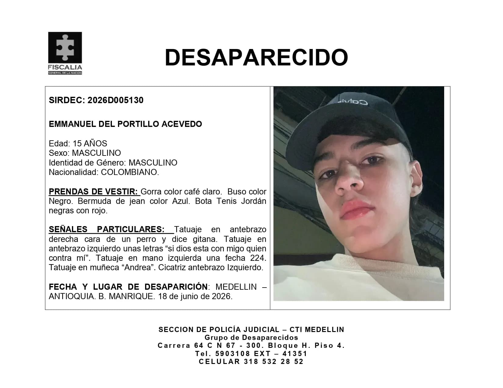 Desaparecido Emmanuel Del Portillo, adolescente de 15 años en Manrique