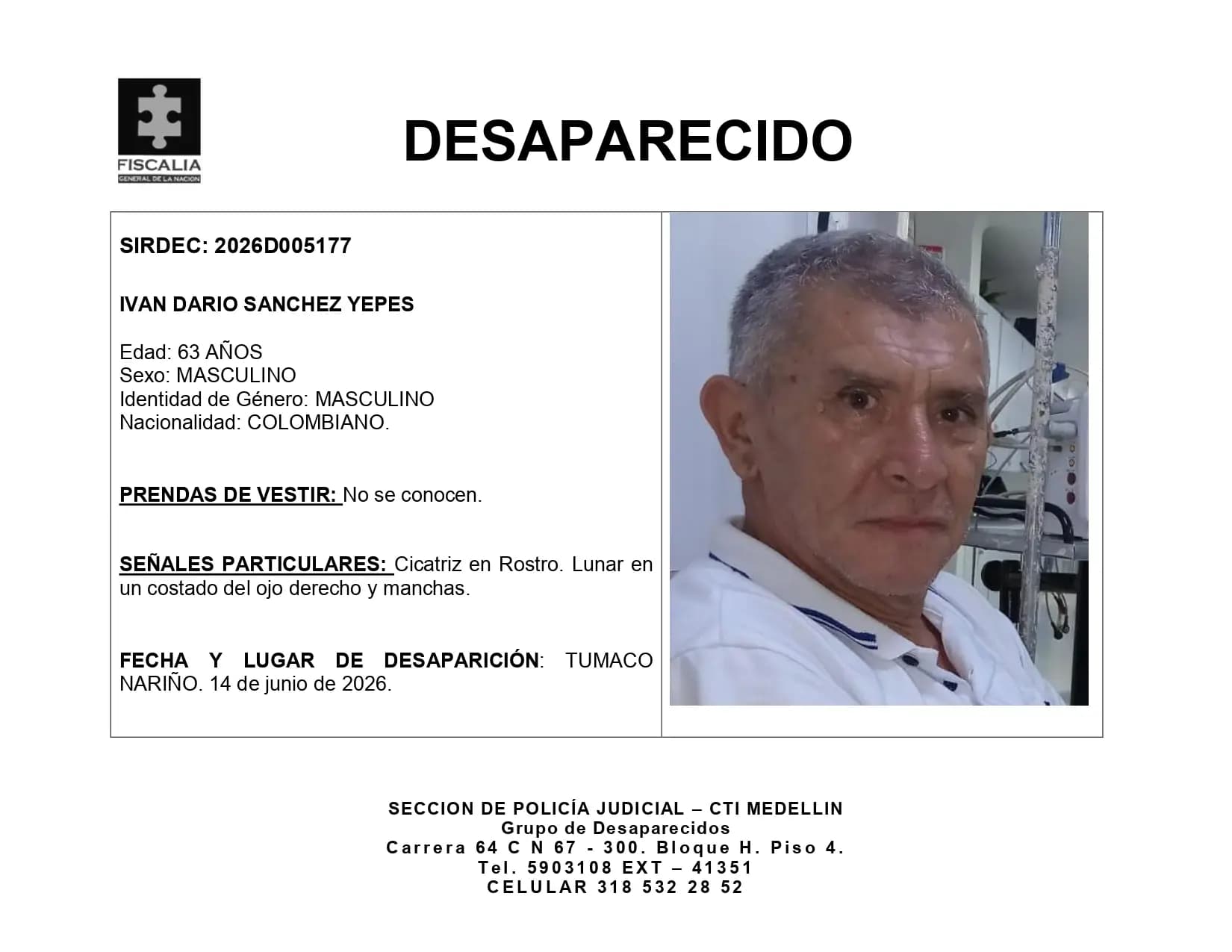 Buscan a Iván Darío Sánchez Yepes, desaparecido en Tumaco desde el 14 de junio