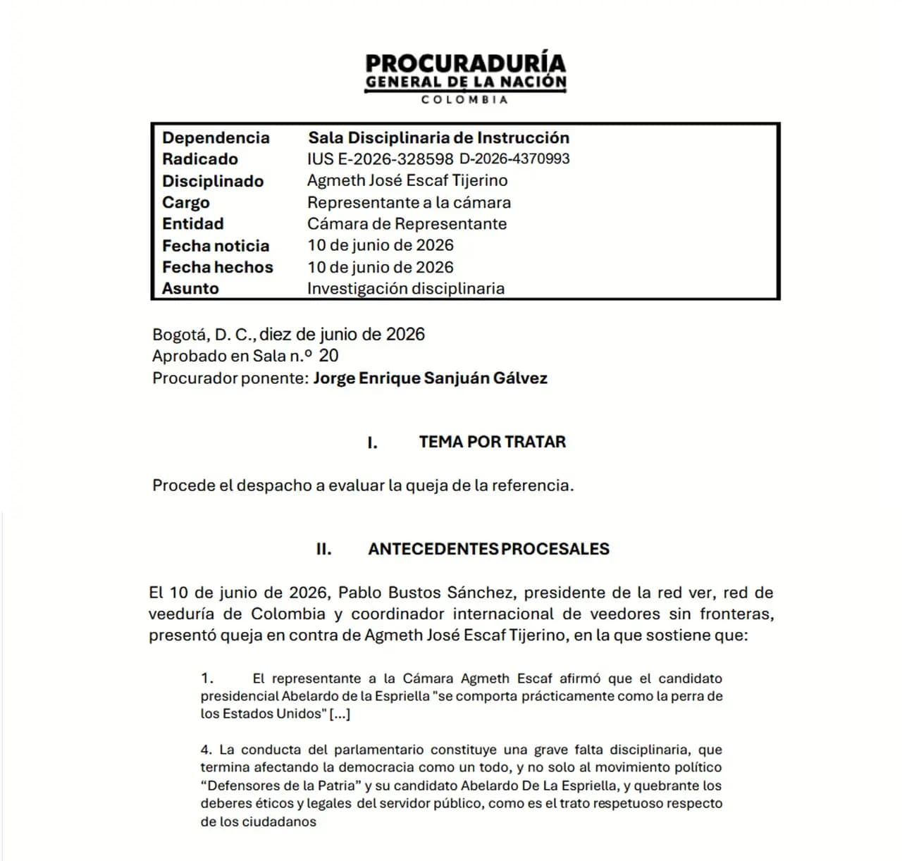 Procuraduría suspende al representante Agmeth Escaf por insultos a candidato presidencial