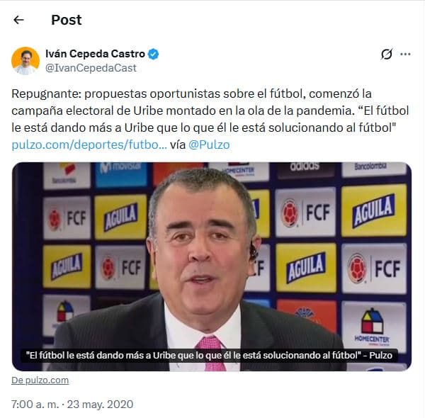 Cepeda propone Mundial para Colombia, pero años atrás llamó "repugnante" mezclar fútbol con política