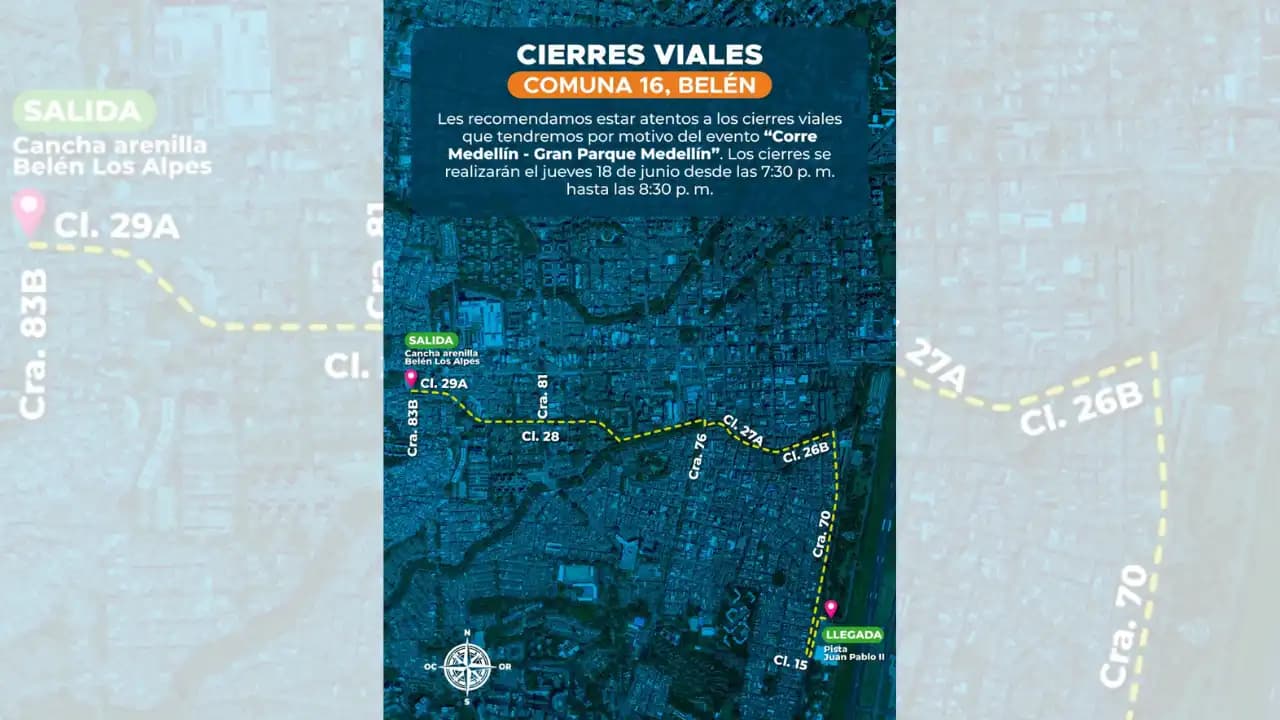 Belén tendrá cierre de vías el 18 de junio por carrera deportiva Corre Medellín