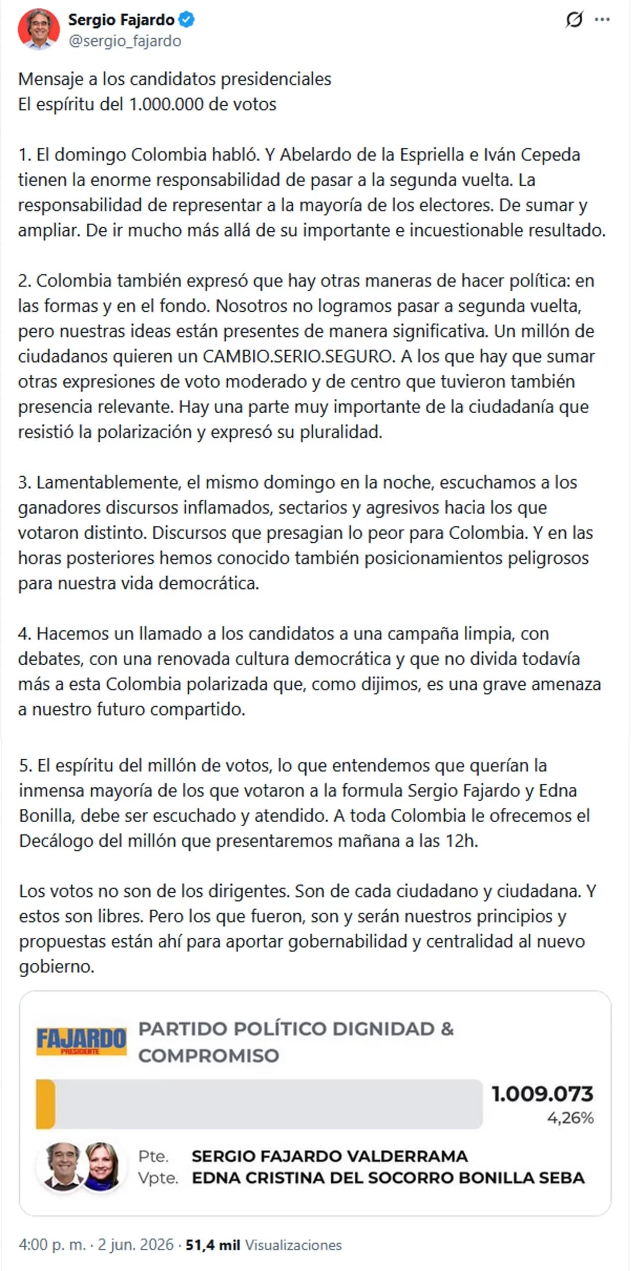 Fajardo advierte a candidatos finalistas: los votos son de los ciudadanos, no de los dirigentes