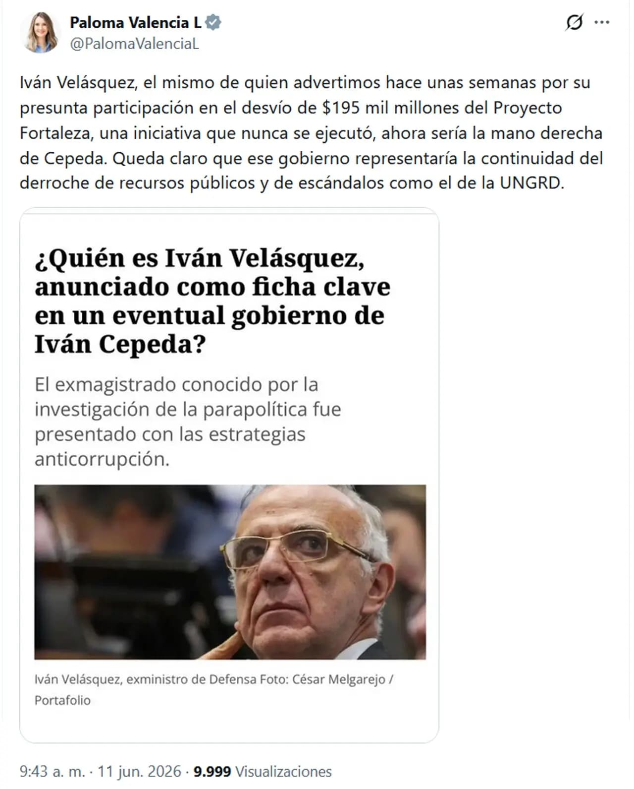 Paloma Valencia cuestiona a Iván Velásquez por presunta pérdida de $195.000 millones en Proyecto Fortaleza