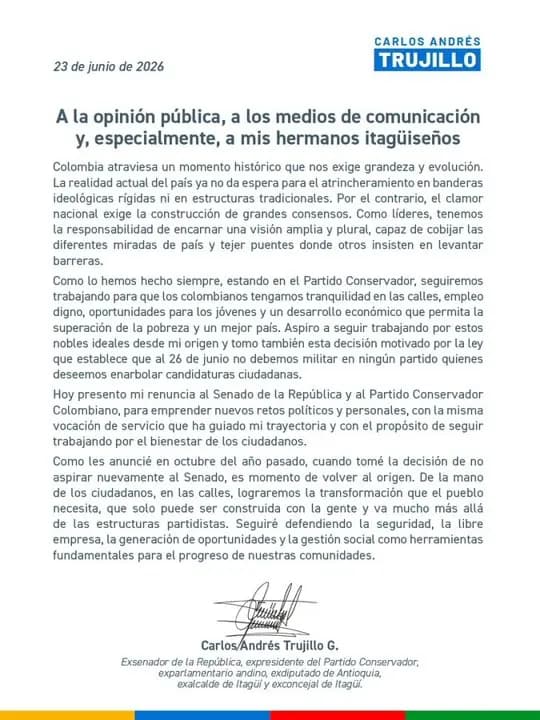 Trujillo renuncia al Senado y abandona el Conservador para competir por Itagüí en 2027