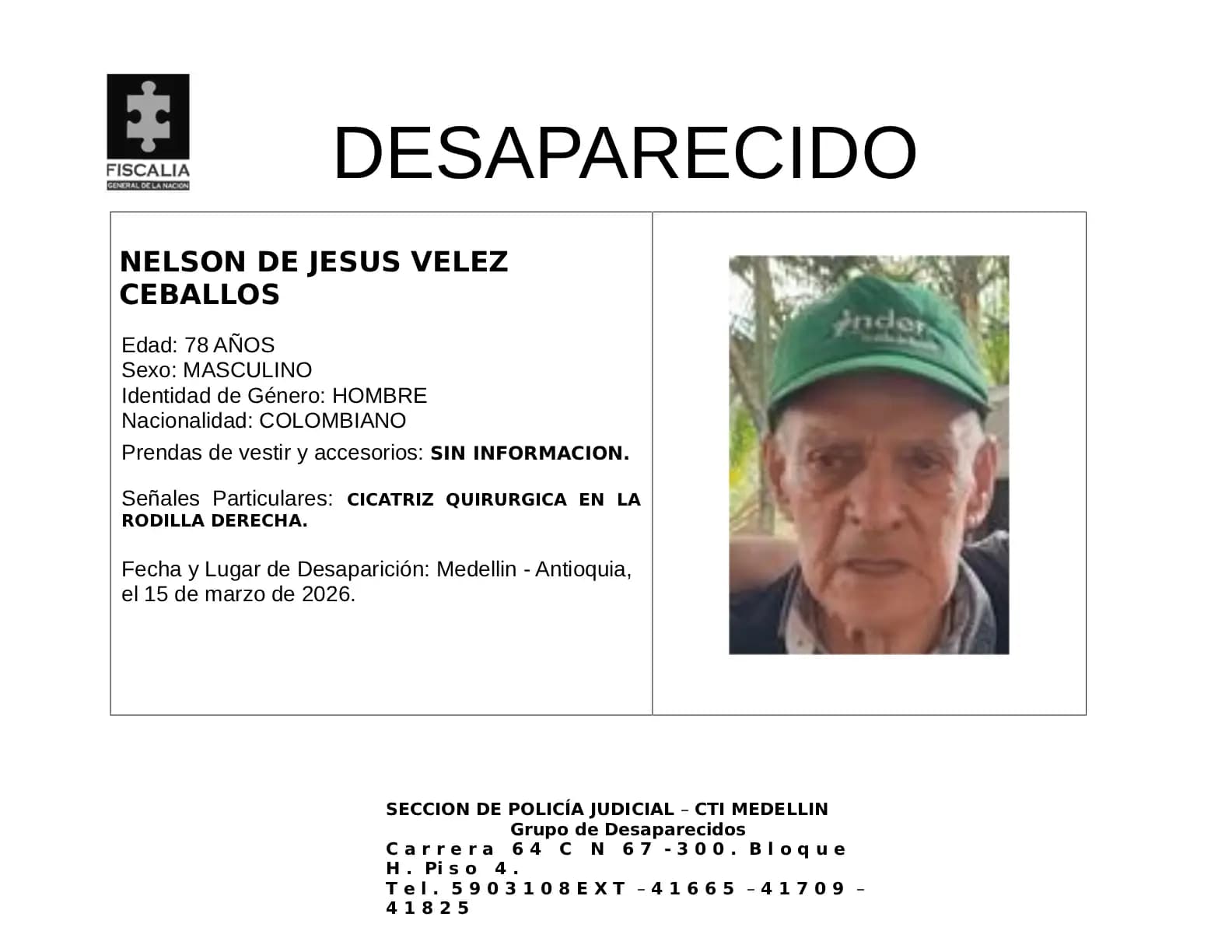 Buscan a Nelson de Jesús Vélez, adulto mayor desaparecido en Medellín desde marzo
