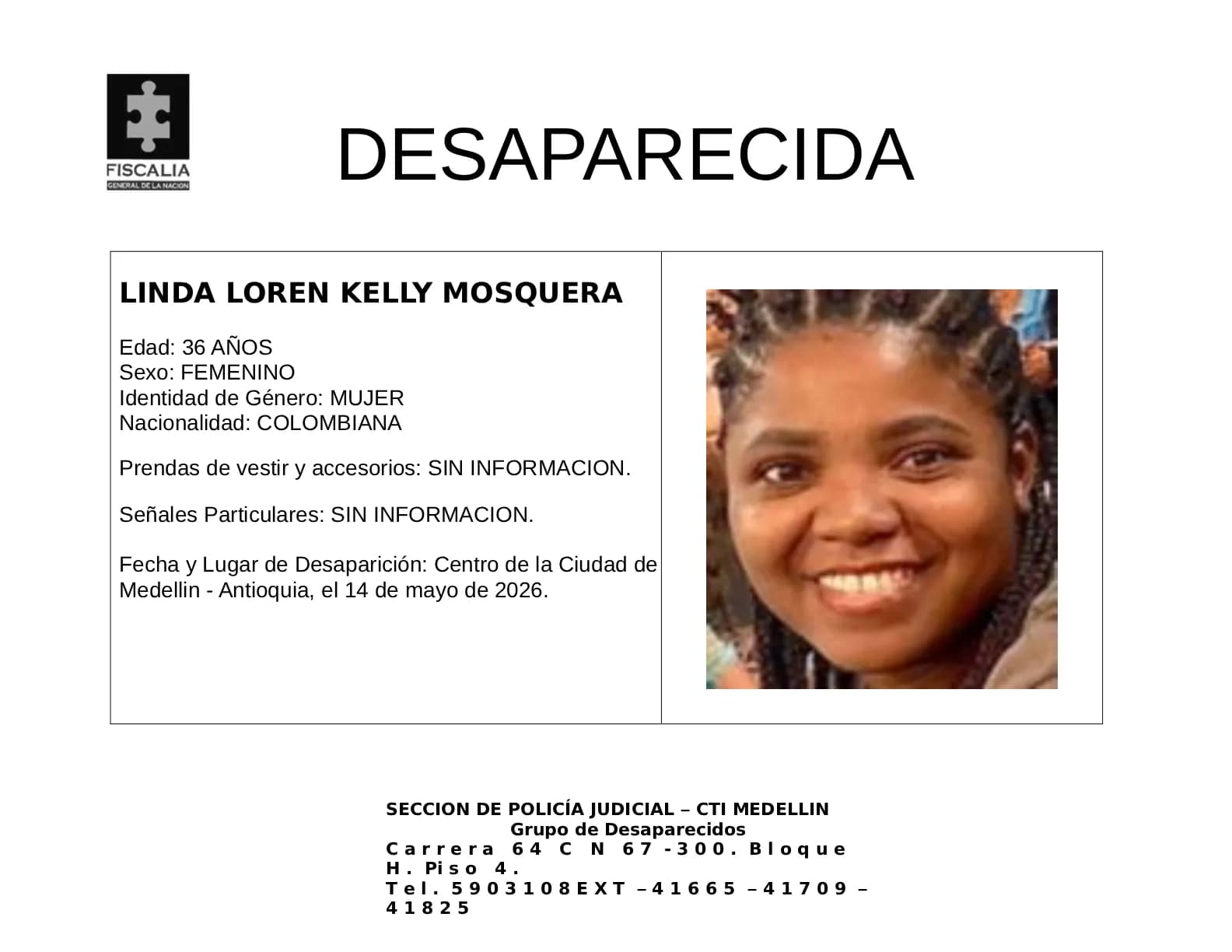 Activa búsqueda de Linda Loren Kelly, desaparecida en el centro de Medellín
