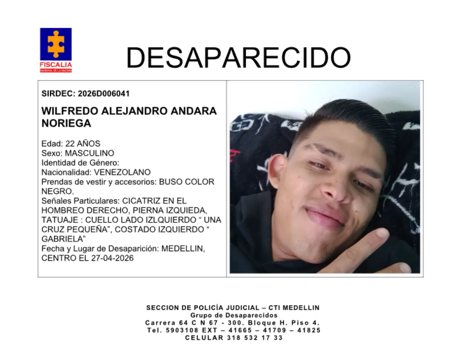 Joven venezolano desaparece en el Centro de Medellín desde el 27 de abril