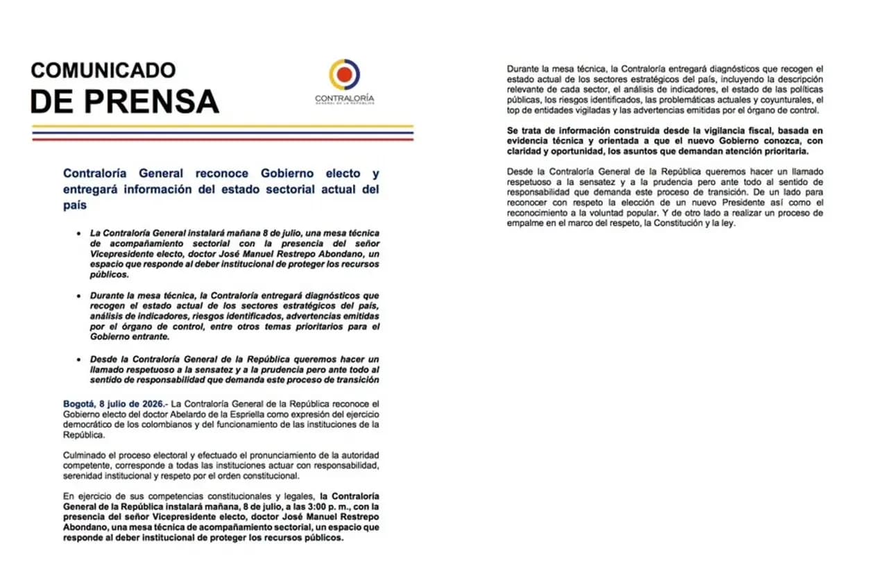 Contraloría frena tensión política y reconoce a De La Espriella como presidente electo