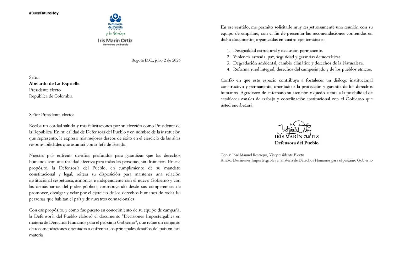 Defensora del Pueblo le envía carta formal al presidente electo con agenda urgente de derechos humanos