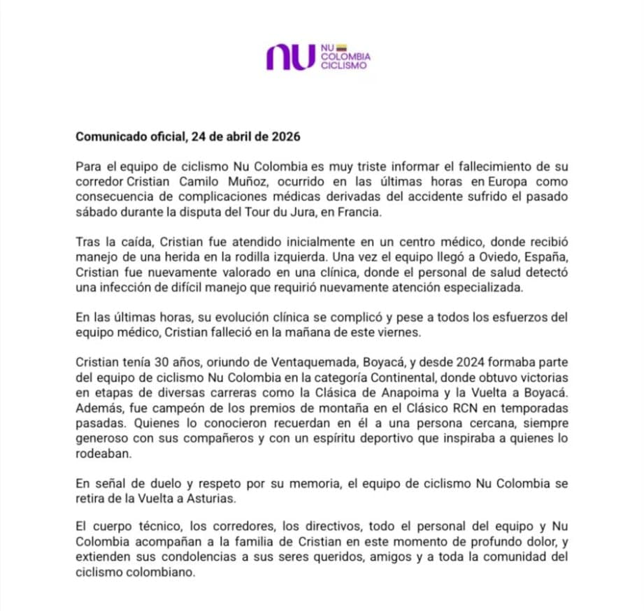 Fallece Cristian Camilo Muñoz, corredor colombiano del equipo Nu, tras complicaciones por caída en Francia