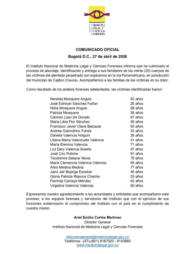 Medicina Legal identifica a las 20 víctimas del atentado en la Panamericana