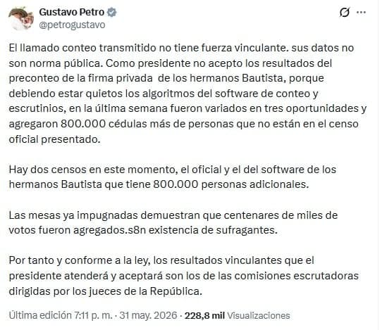 Petro rechaza resultados preliminares de elecciones 2026 por irregularidades en software
