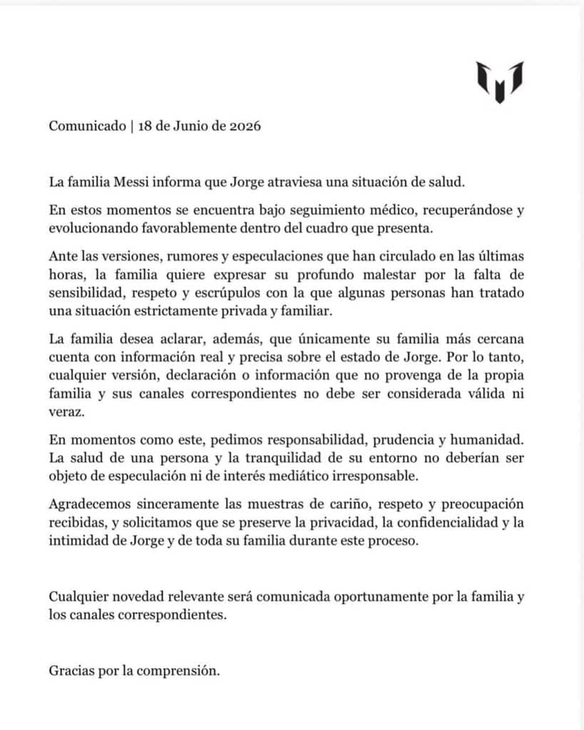 Familia de Messi confirma que el padre del capitán argentino atraviesa problemas de salud