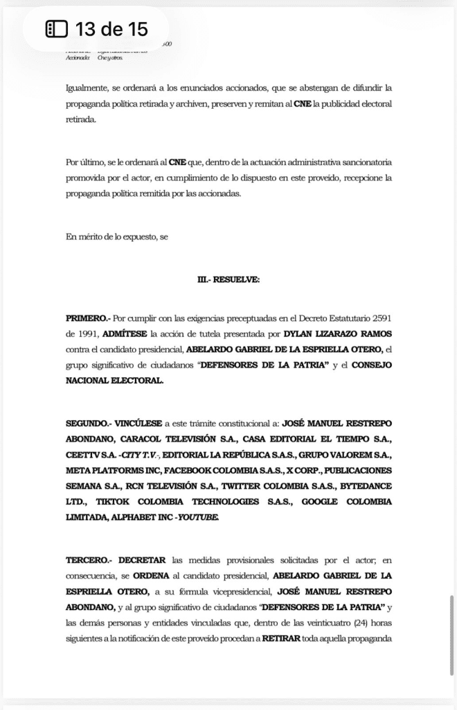 Tribunal ordena a De la Espriella quitar propaganda con símbolos patrios de su campaña