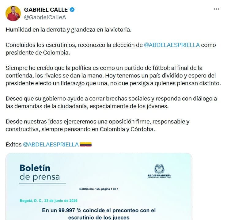 Gabriel Calle reconoce victoria de Abelardo de la Espriella y llama a la unidad nacional
