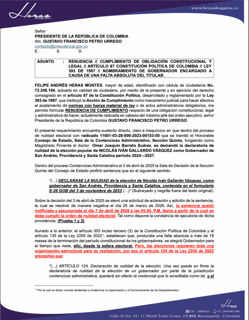 Abogado exige al presidente Petro nombrar gobernador encargado en San Andrés tras anulación de elecciones