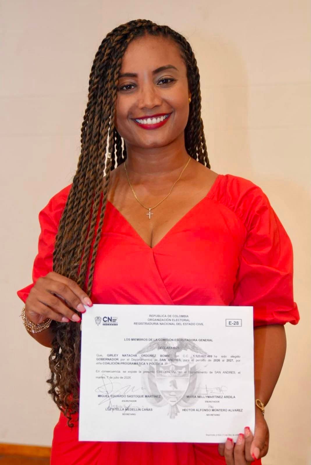 Girley Ordoñez Bowie recibió credencial del CNE: tomará posesión el sábado en el Archipiélago